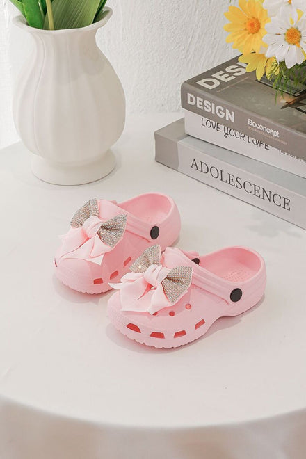 Kids Pink Rhinestone Sparkling Bow Clogs Slip-On Sandals | 30/35 Sizes (Pack of 24)