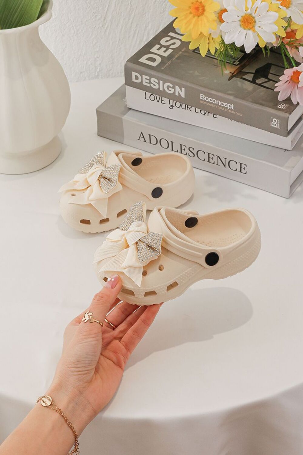 Kids Beige Rhinestone Sparkling Bow Clogs Slip-On Sandals | 30/35 Sizes (Pack of 24)