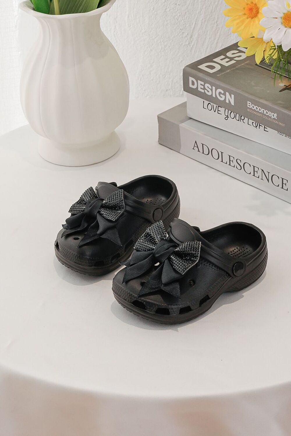 Kids Black Rhinestone Sparkling Bow Clogs Slip-On Sandals | 24/29 Sizes (Pack of 24)