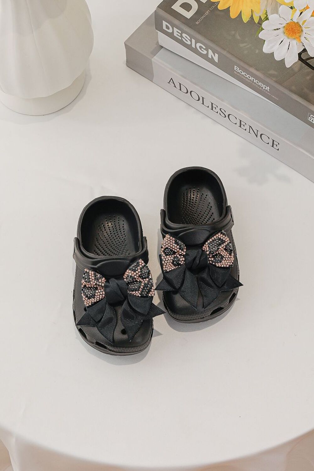 Kids Leopard Rhinestone Sparkling Bow Clogs Slip-On Sandals | 24/29 Sizes (Pack of 24)