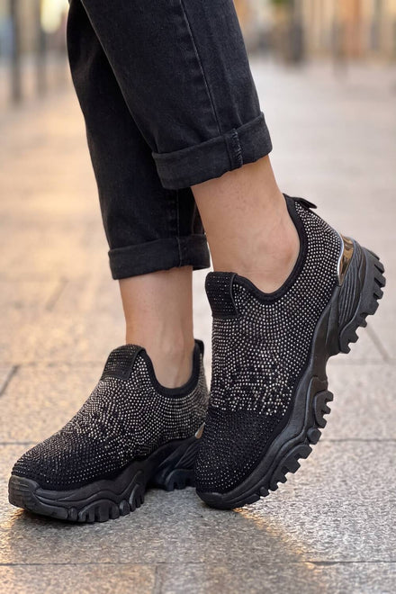 Women’s Black Rhinestone Slip-On Platform Sneakers Trainers