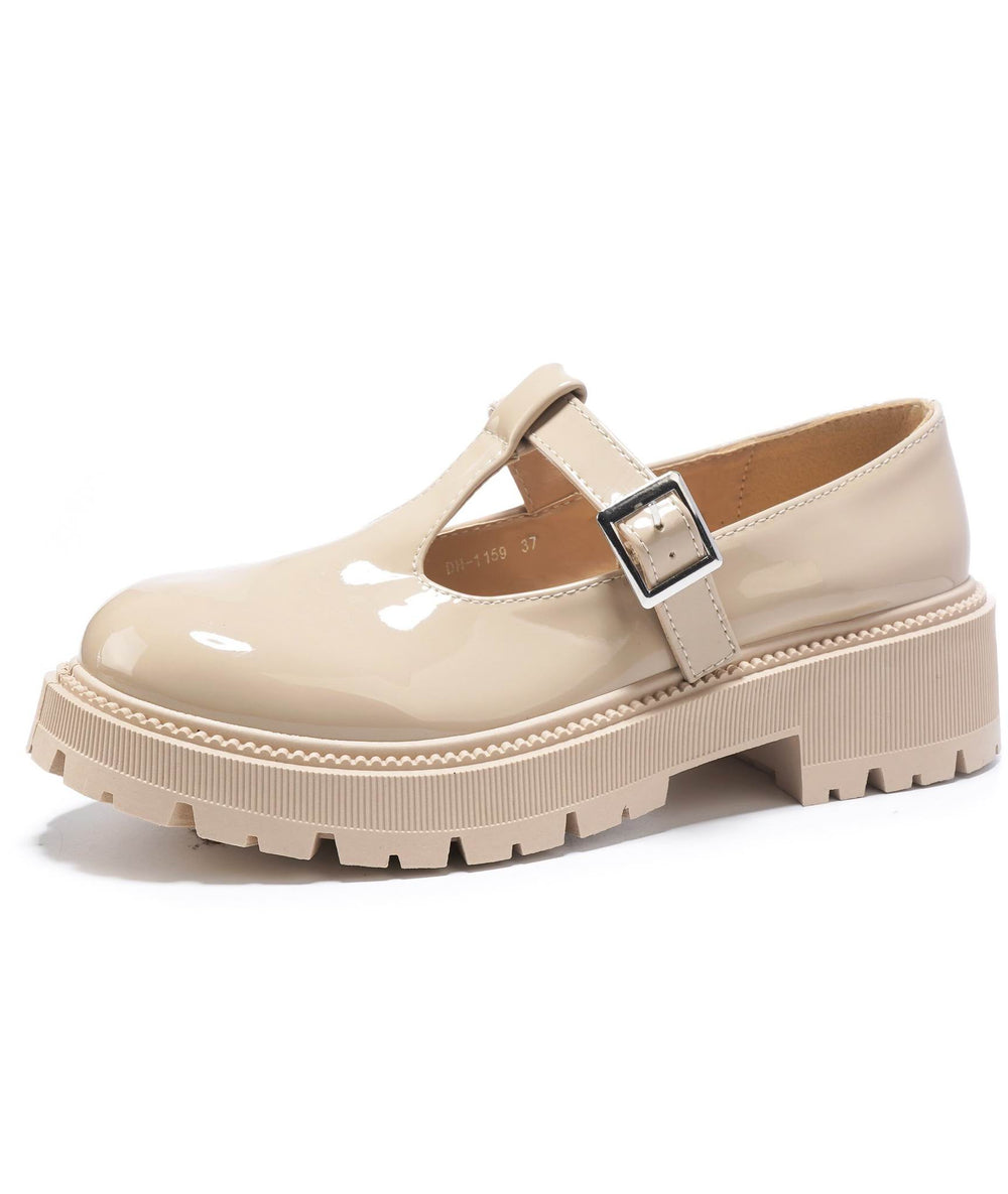 Women’s Beige Patent Chunky T-Strap Mary Jane Loafers Platform Shoes