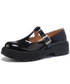 Women’s Black Patent Chunky T-Strap Mary Jane Loafers Platform Shoes
