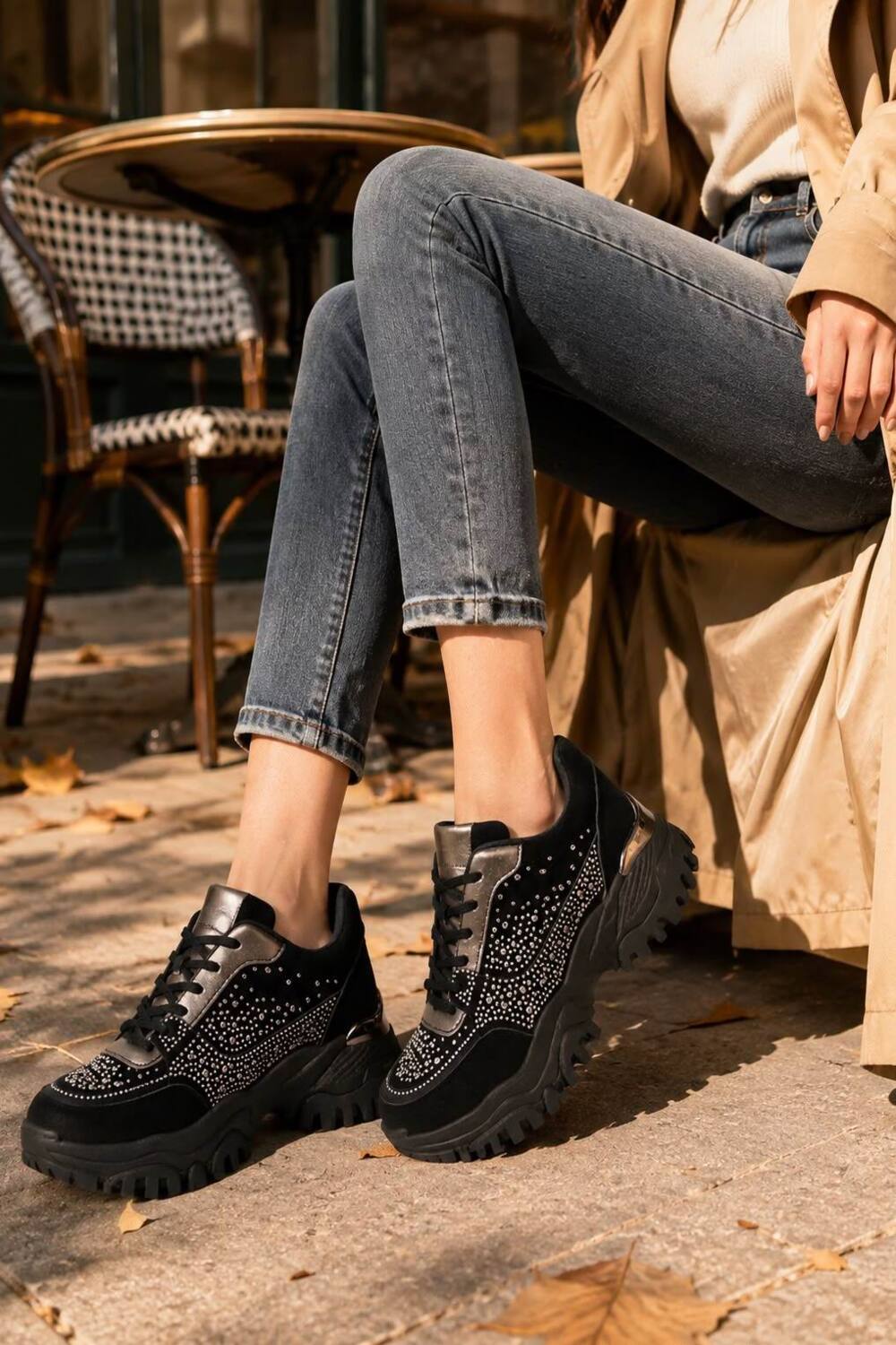 Women's Rhinestone Embellished Black Chunky Trainers | Wholesale Footwear