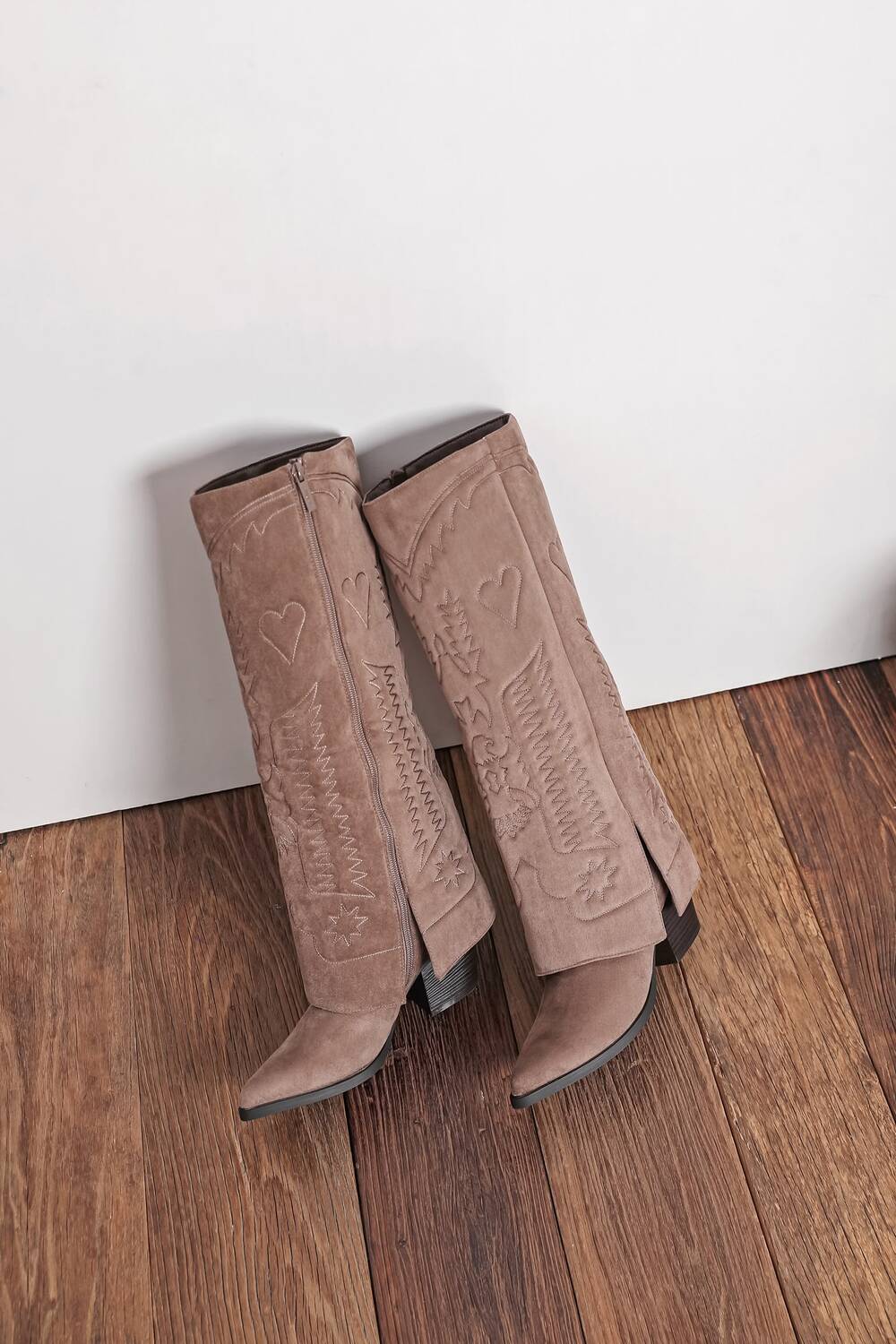 Women’s Taupe Suede Fold-Over Knee-High Western Cowboy Boots