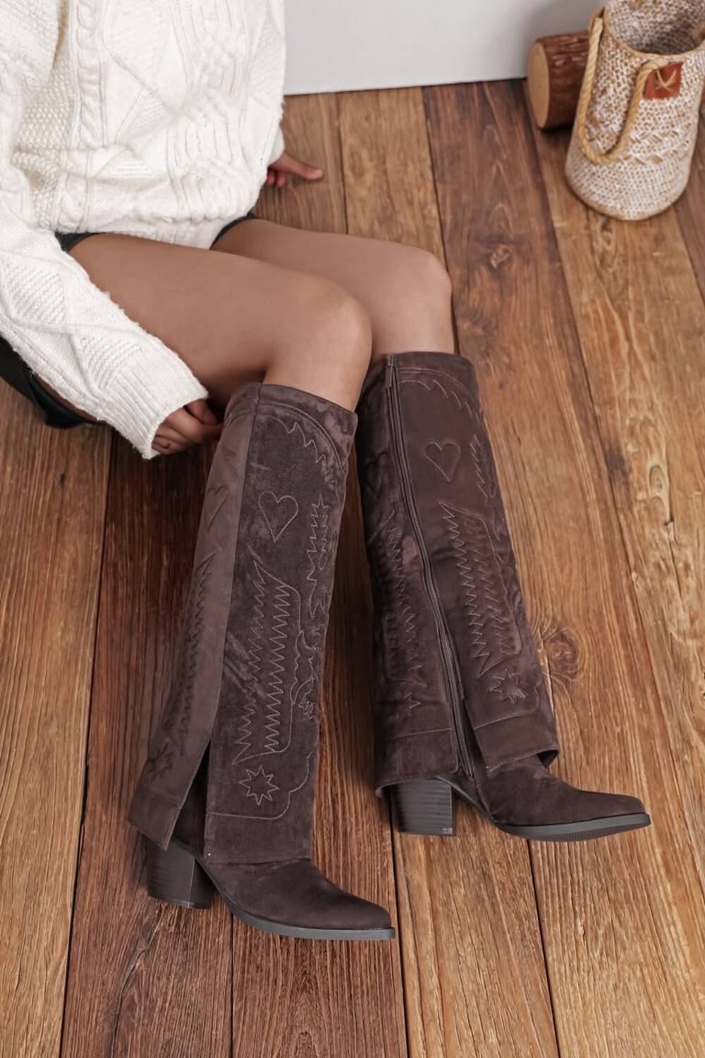 Women’s Brown Suede Fold-Over Knee-High Western Cowboy Boots
