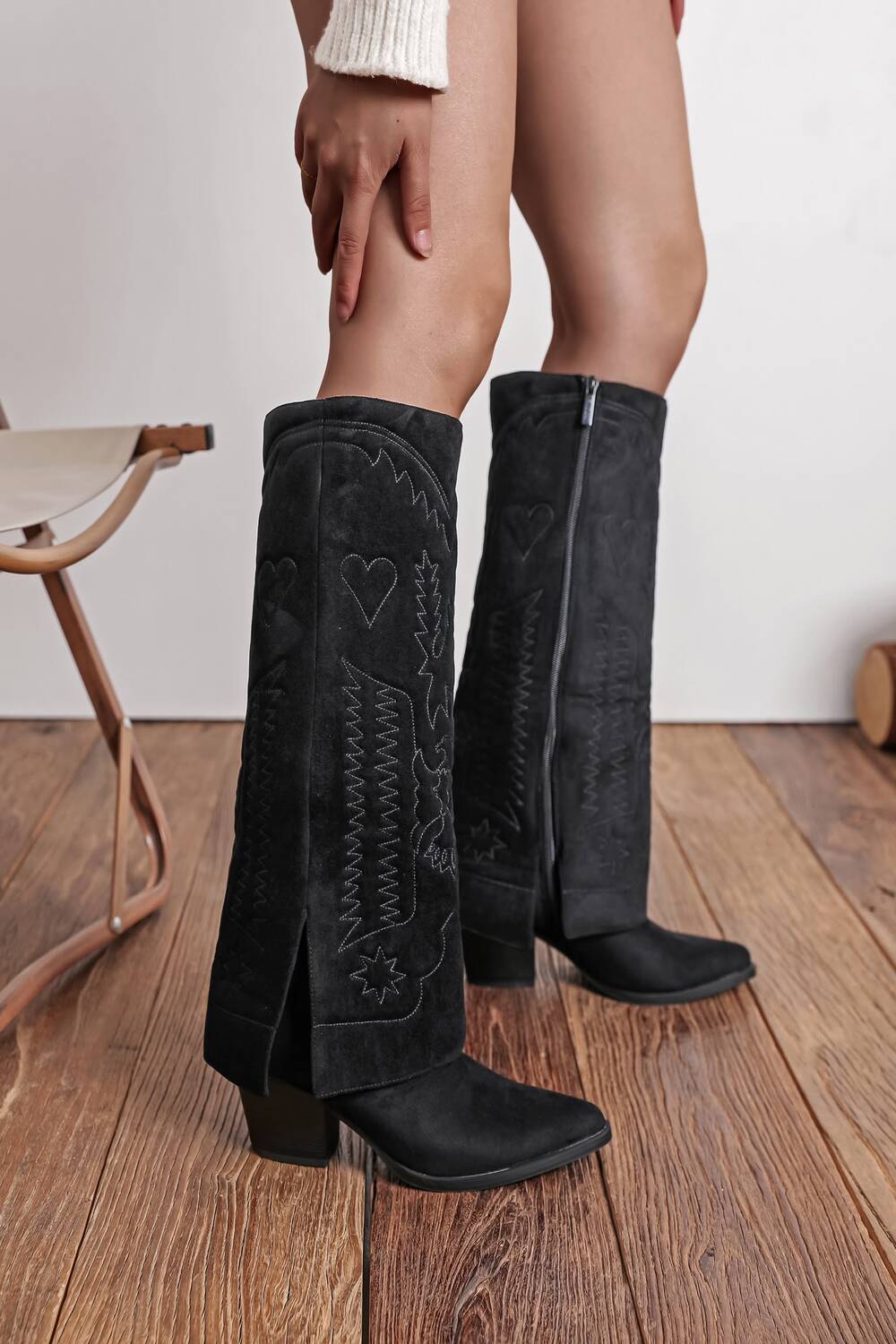 Women’s Black Suede Fold-Over Knee-High Western Cowboy Boots