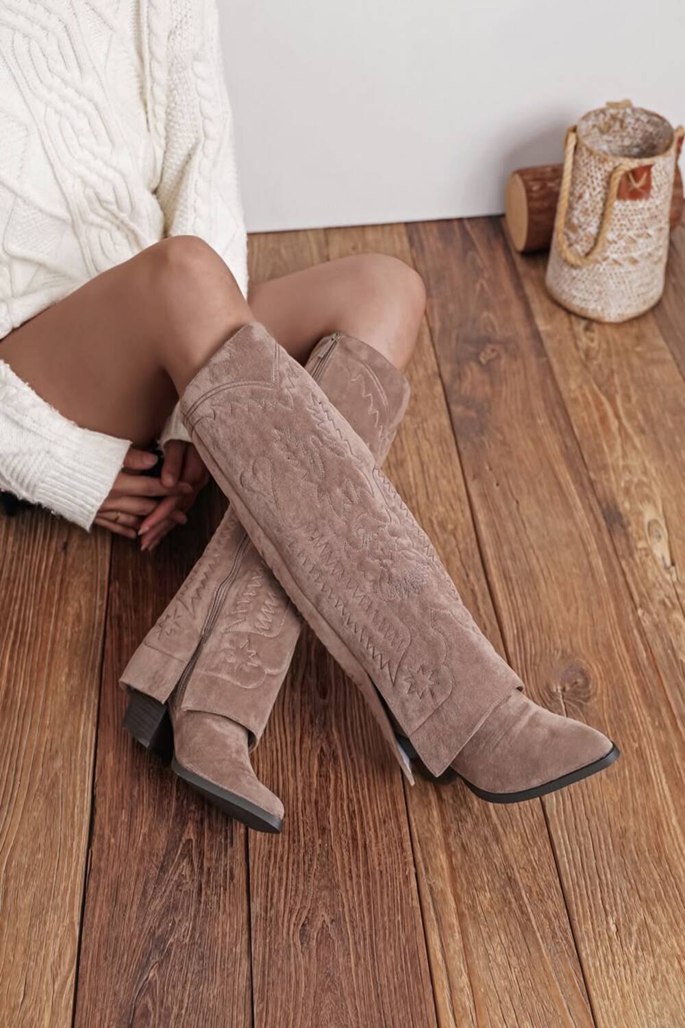 Women’s Taupe Suede Fold-Over Knee-High Western Cowboy Boots