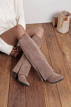 Women’s Taupe Suede Fold-Over Knee-High Western Cowboy Boots