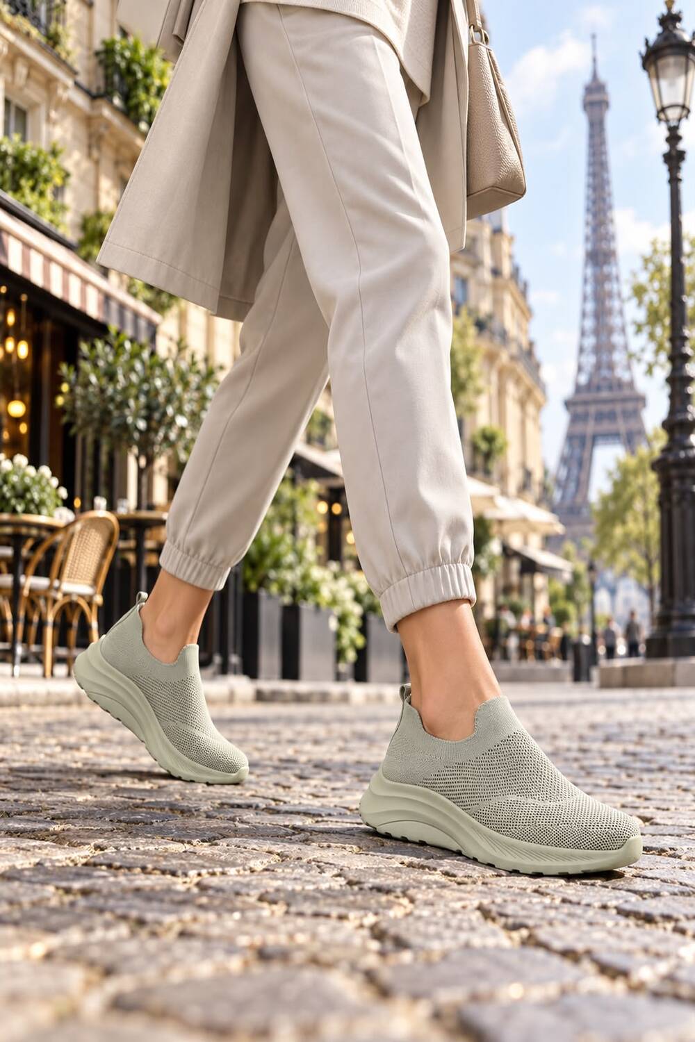 Ladies Breathable Knit Slip-On Trainers Lightweight Casual Walking Shoes-Green