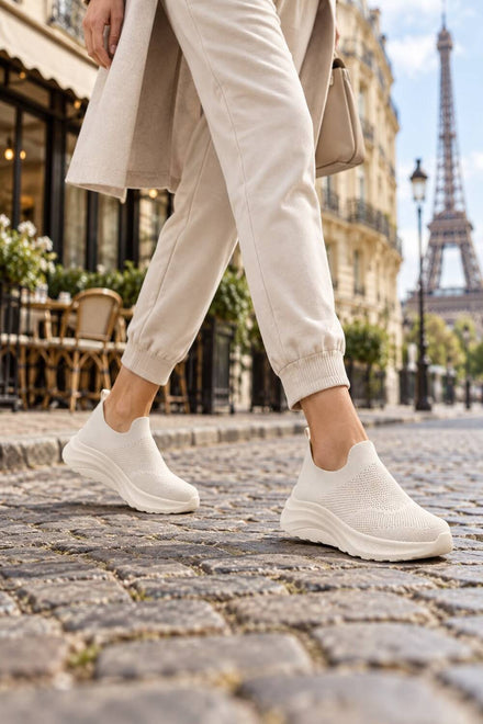Ladies Breathable Knit Slip-On Trainers Lightweight Casual Walking Shoes-Beige