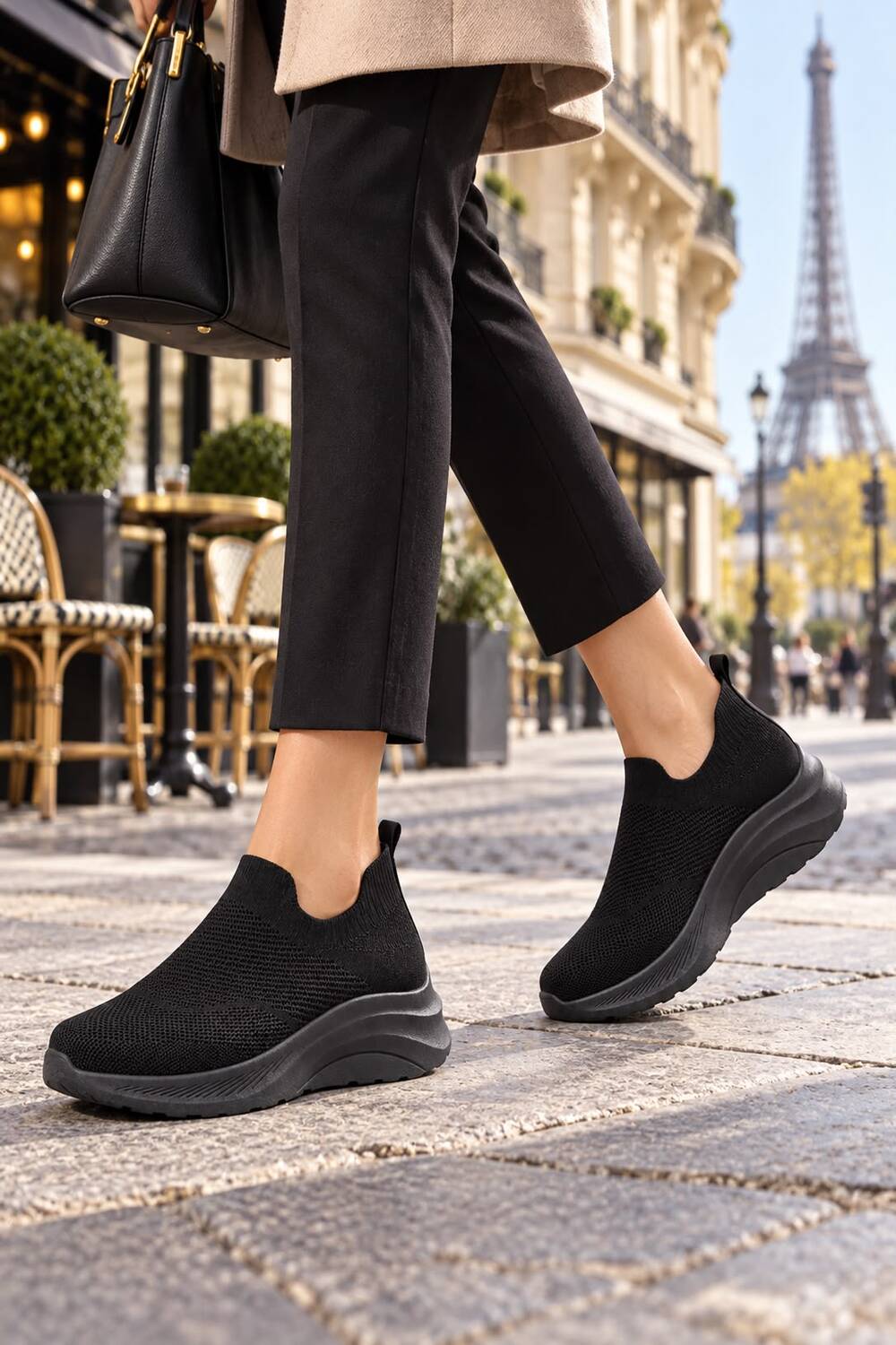 Ladies Breathable Knit Slip-On Trainers Lightweight Casual Walking Shoes-Black