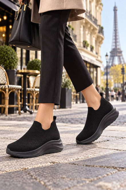 Ladies Breathable Knit Slip-On Trainers Lightweight Casual Walking Shoes-Black