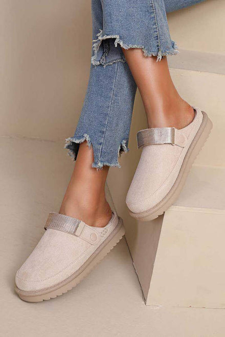 Women's Beige Fleece-Lined Clog Slippers with Adjustable Strap