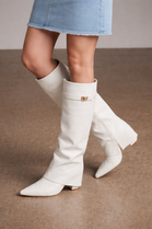White Pu Fold Over Shark Boots Buckle Detail Knee High Shoes