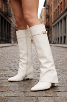 White Pu Fold Over Shark Boots Buckle Detail Knee High Shoes