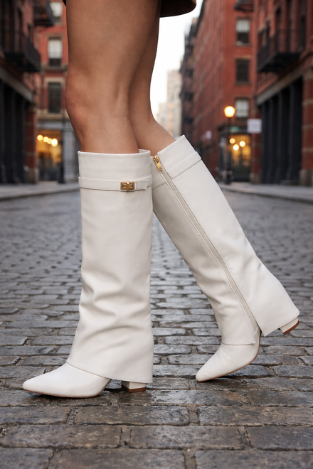 White Pu Fold Over Shark Boots Buckle Detail Knee High Shoes