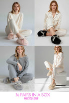 FAUX FUR COSY RIBBON SLIPPERS DESIGNER LADIES GIRLS SHOES MIX COLOUR -36 PAIR BOX (UNIT PRICE £6.50 PER PAIR)
