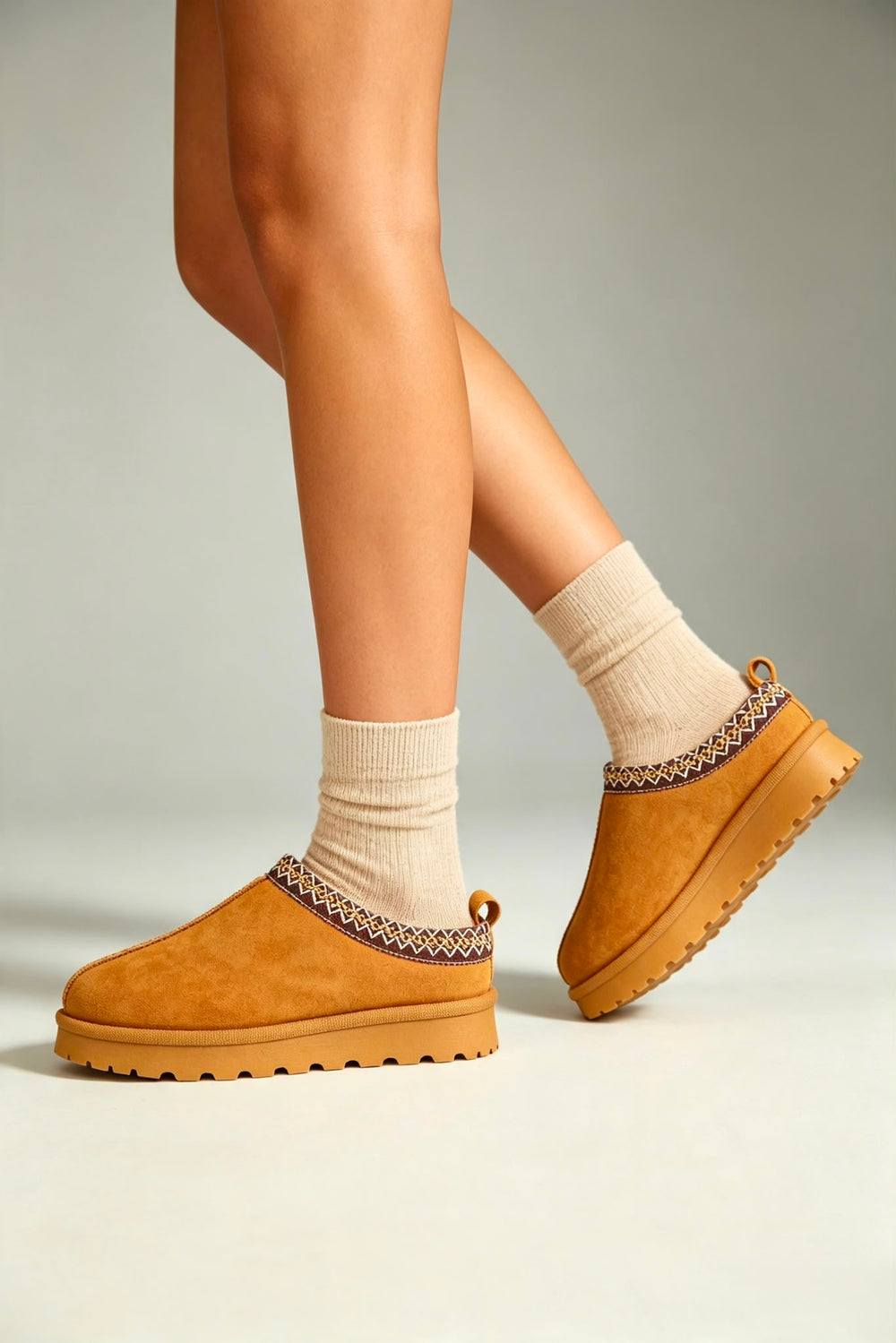 Chestnut Suede Aztec Faux Fur Embroidered Slipper Boots