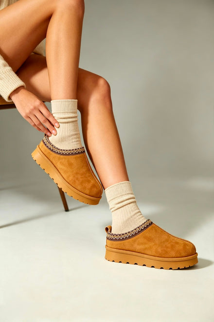 Chestnut Suede Aztec Faux Fur Embroidered Slipper Boots
