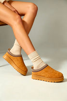 Chestnut Suede Aztec Faux Fur Embroidered Slipper Boots