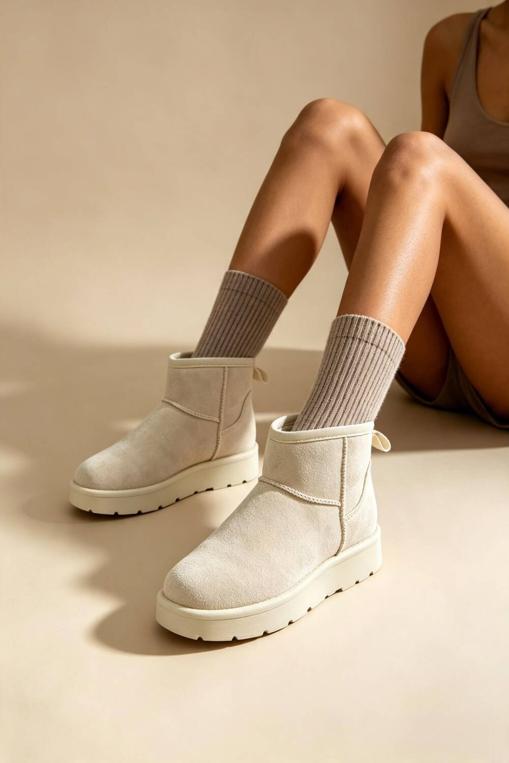 Beige Faux-Suede Ultra Mini Fur Lined Ankle Boots