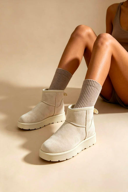 Beige Faux-Suede Ultra Mini Fur Lined Ankle Boots