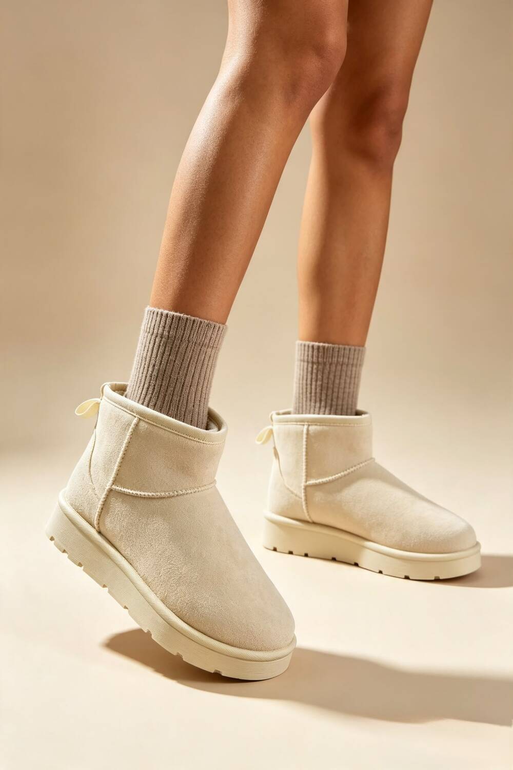 Beige Faux-Suede Ultra Mini Fur Lined Ankle Boots