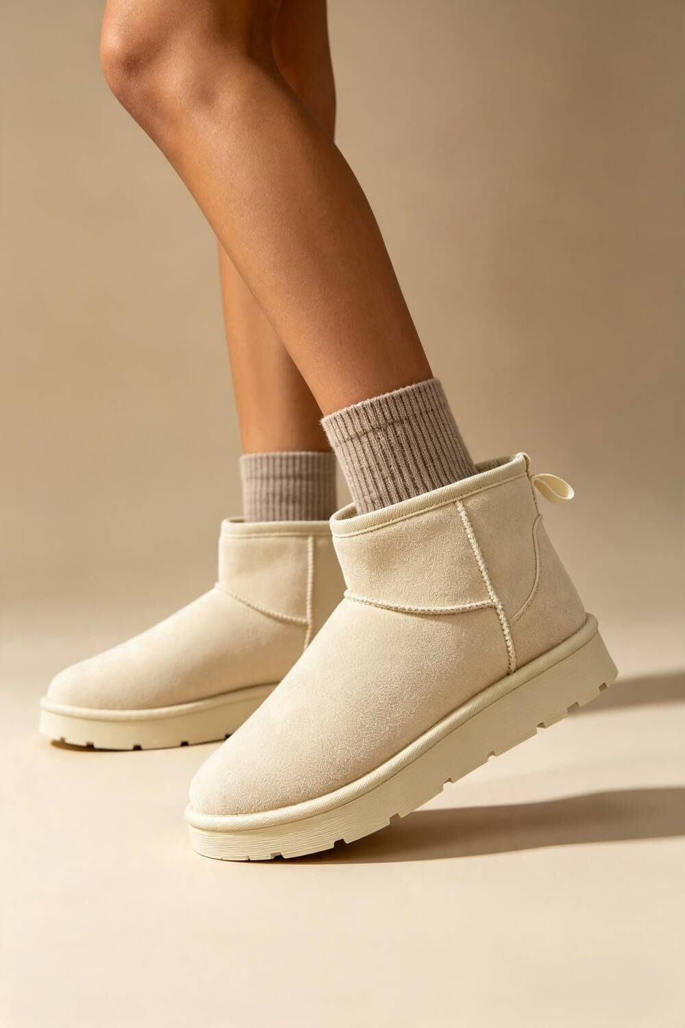 Beige Faux-Suede Ultra Mini Fur Lined Ankle Boots