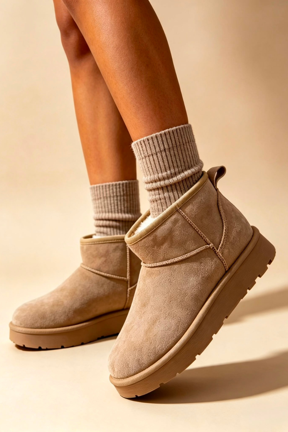 Camel Faux-Suede Ultra Mini Fur Lined Ankle Boots