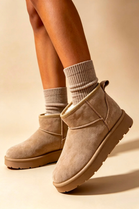 Camel Faux-Suede Ultra Mini Fur Lined Ankle Boots
