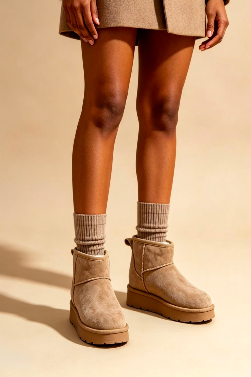Camel Faux-Suede Ultra Mini Fur Lined Ankle Boots