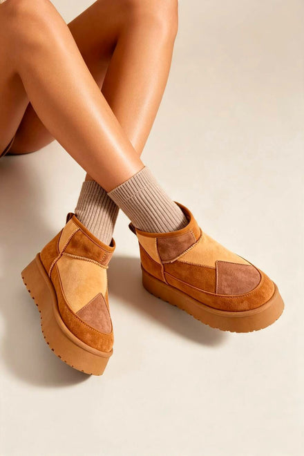 Chestnut Suede Patchwork Faux Fur Lined Ankle Boots