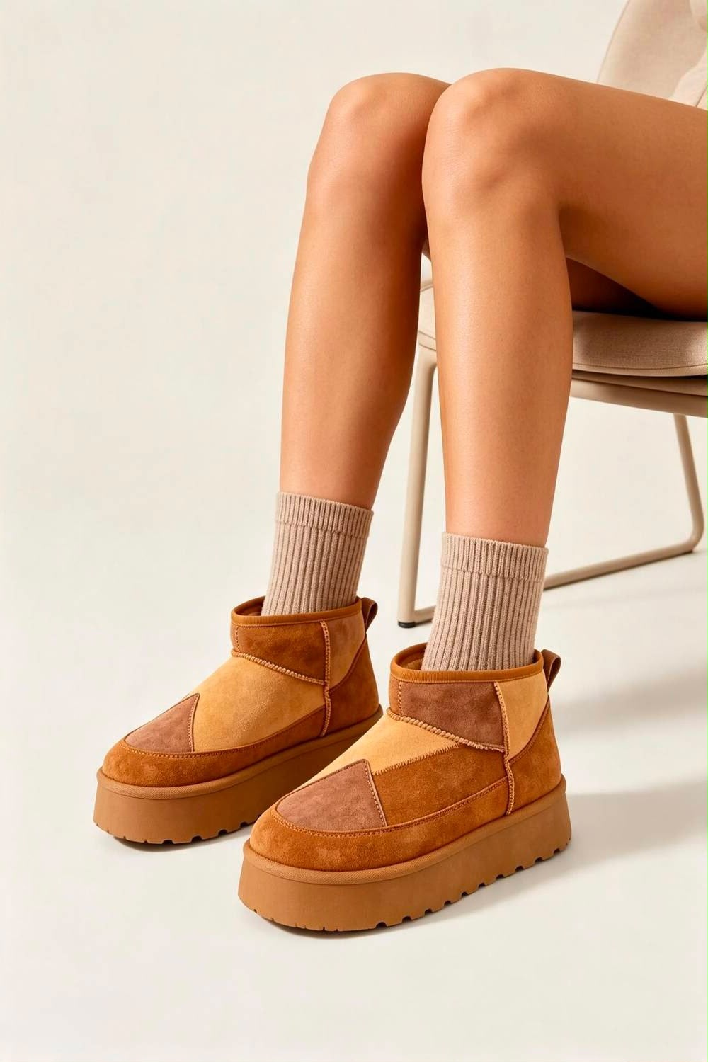 Chestnut Suede Patchwork Faux Fur Lined Ankle Boots