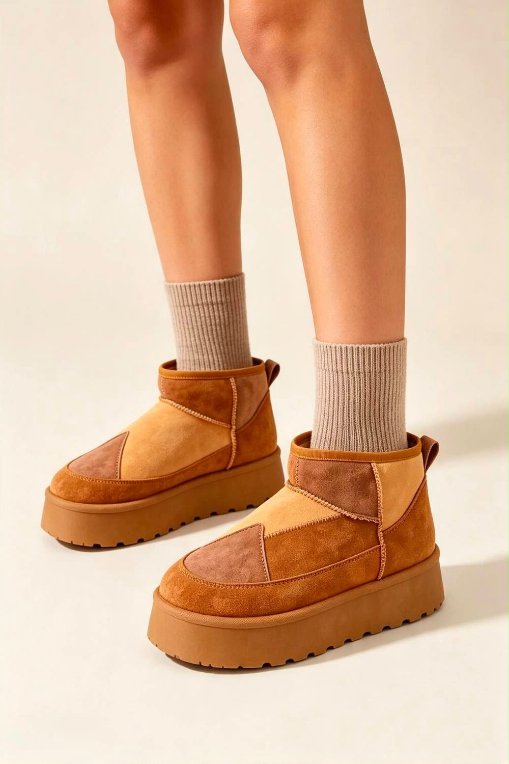 Chestnut Suede Patchwork Faux Fur Lined Ankle Boots