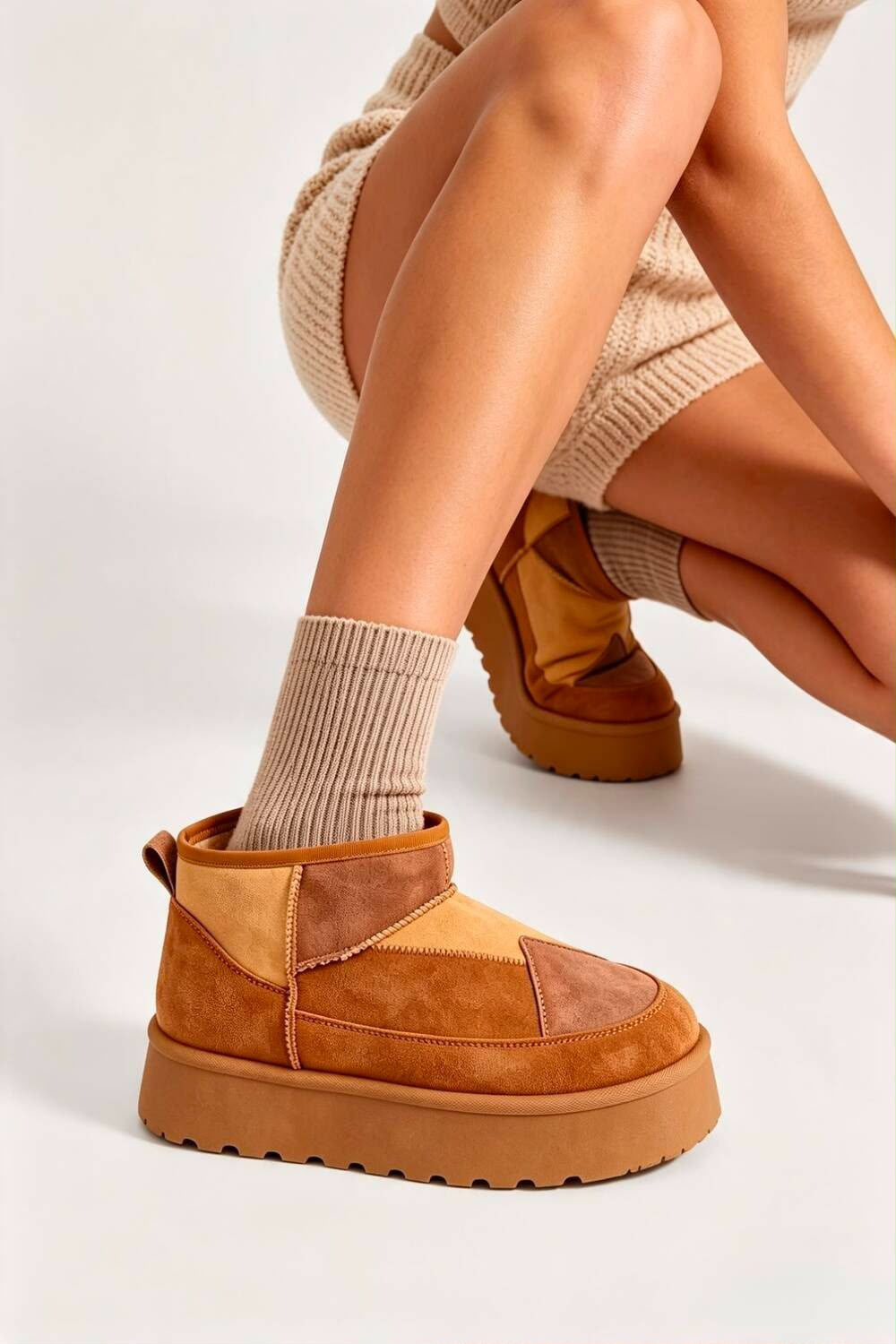 Chestnut Suede Patchwork Faux Fur Lined Ankle Boots