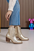 GOLD BLOCK HEEL EMBROIDERY DETAIL WESTERN COWBOY COWGIRL ANKLE BOOTS