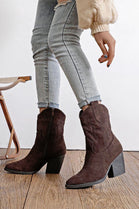BROWN SUEDE BLOCK HEEL WESTERN COWBOY ANKLE BOOTS