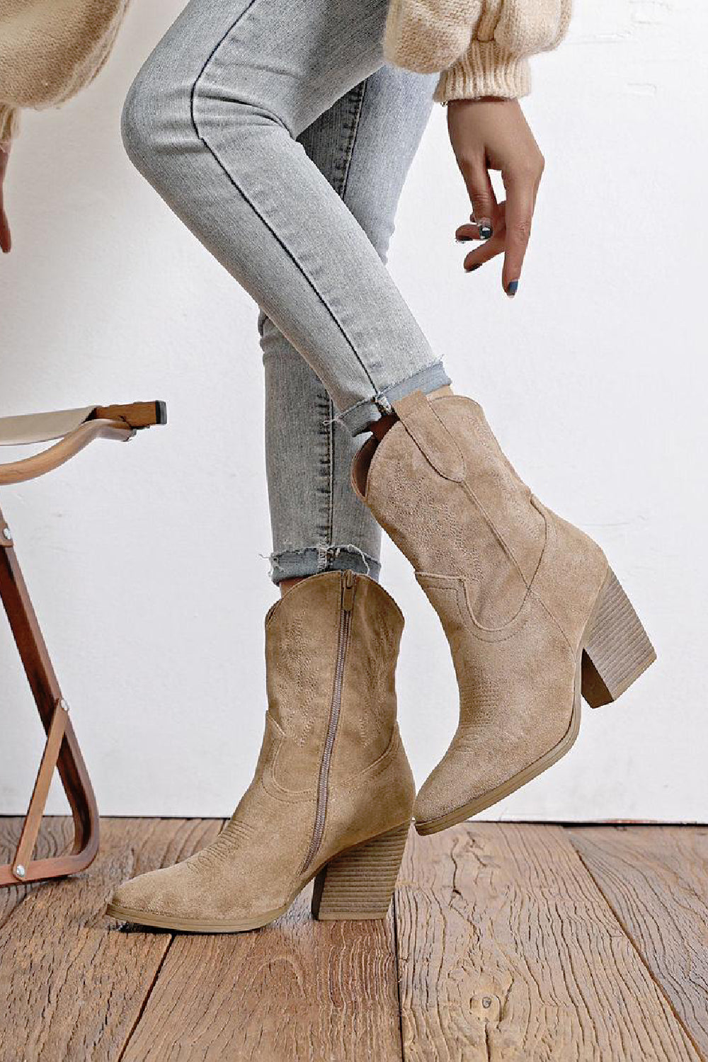 TAUPE SUEDE BLOCK HEEL WESTERN COWBOY ANKLE BOOTS