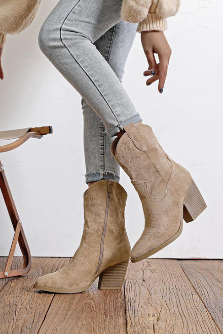 TAUPE SUEDE BLOCK HEEL WESTERN COWBOY ANKLE BOOTS