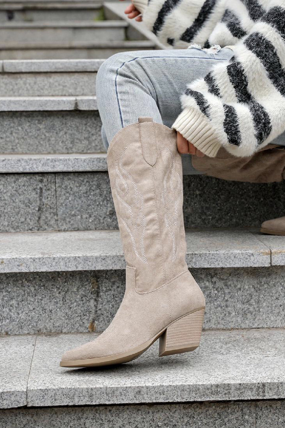 BEIGE EMBROIDERED BLOCK HEEL KNEE HIGH WESTERN COWBOY BOOTS