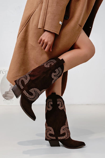 BROWN SUEDE STUDDED COWBOY SHARK WESTERN CALF KNEE HIGH BOOTS