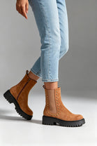 Camel Faux Suede Studded Chunky Chelsea Ankle Boots