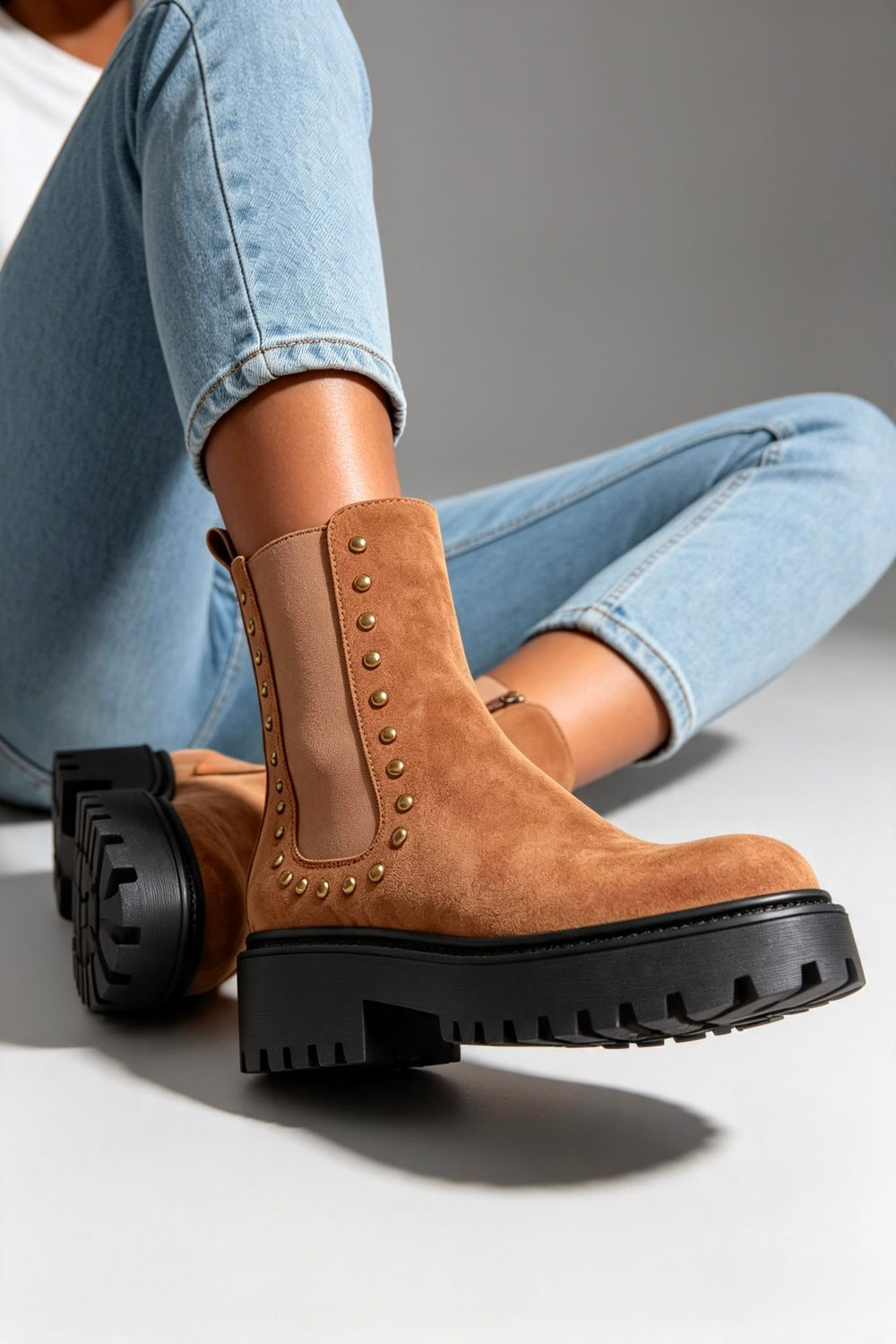 Camel Faux Suede Studded Chunky Chelsea Ankle Boots