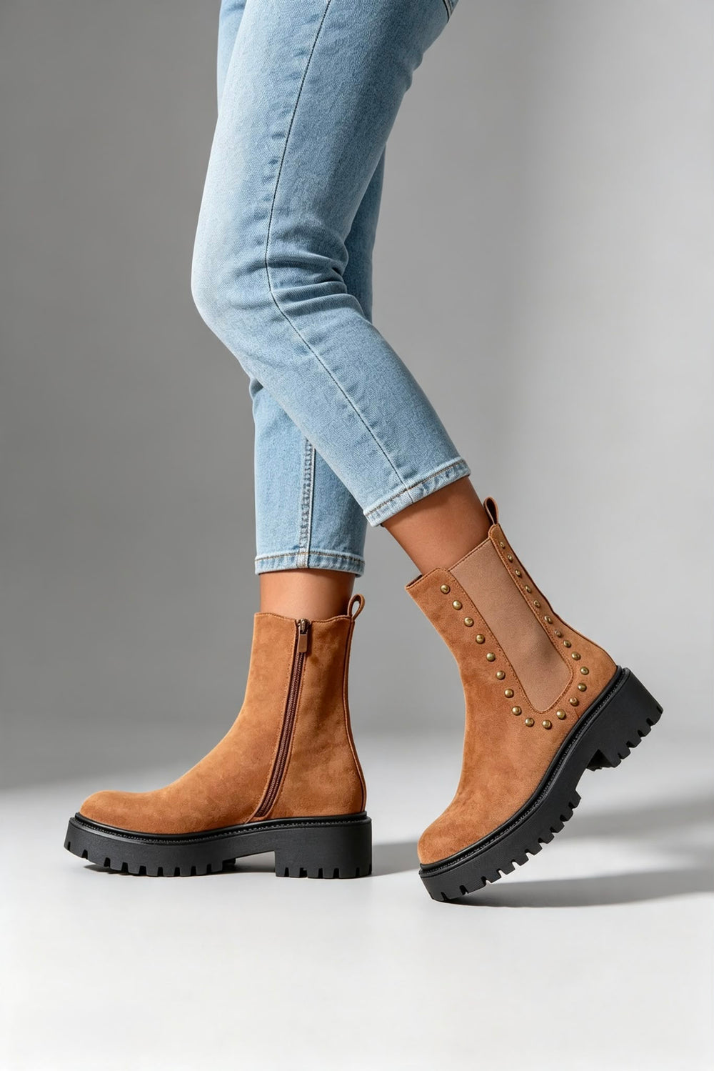 Camel Faux Suede Studded Chunky Chelsea Ankle Boots
