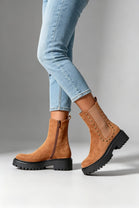 Camel Faux Suede Studded Chunky Chelsea Ankle Boots