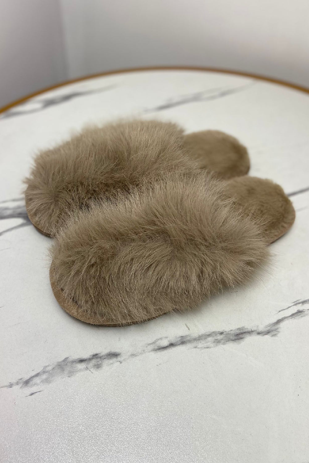 KHAKI EXTREME FAUX FUR FLUFFY SLIPPERS (PACK OF 12 PAIRS)