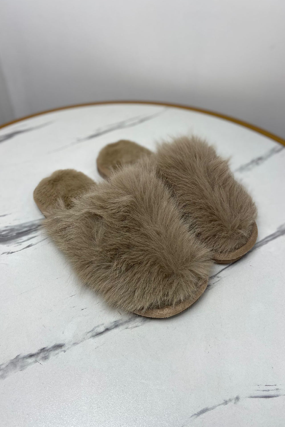 KHAKI EXTREME FAUX FUR FLUFFY SLIPPERS (PACK OF 12 PAIRS)