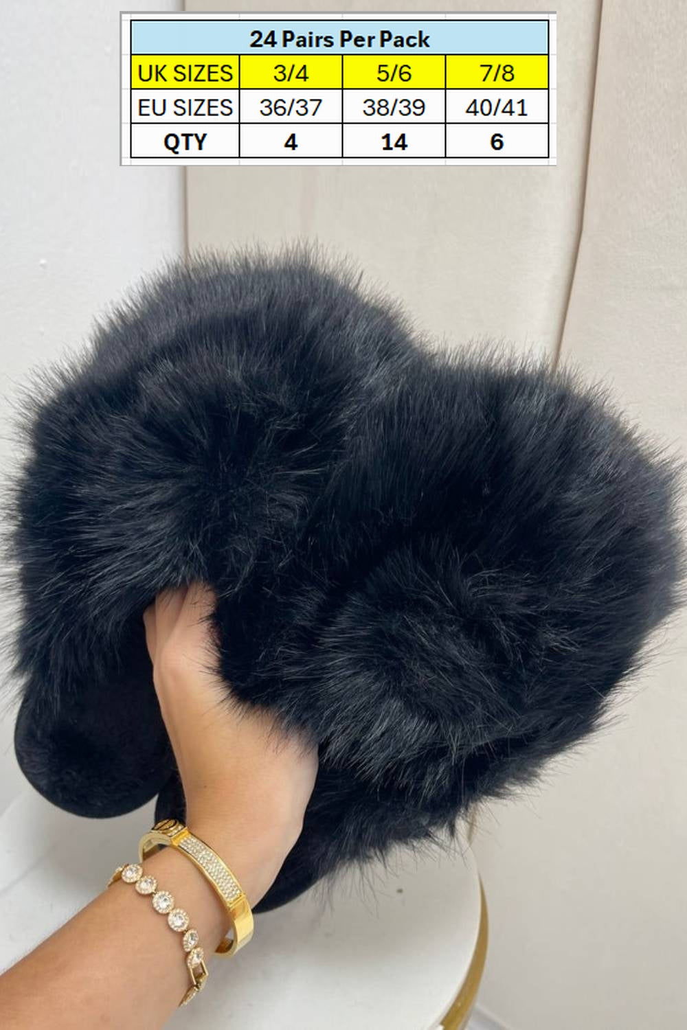 BLACK EXTREME COSY OVERSIZED FAUX FUR FLUFFY WINTER SLIPPERS SHOES (24 PAIR) Unit Price £4.99