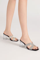 BLACK LOW BLOCK HEEL DIAMANTE CUT OUT DETAIL MULES SPARKLY PARTY SANDALS